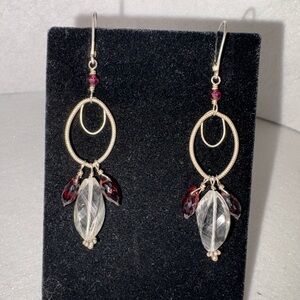 Sterling Silver Genuine Faceted Garnet and Quartz Handmade Dangle Earrings